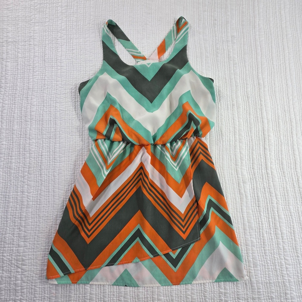 Jodi Kristopher Chevron Mini Dress Orange Teal Grey Geometric EUC Sleeveless L